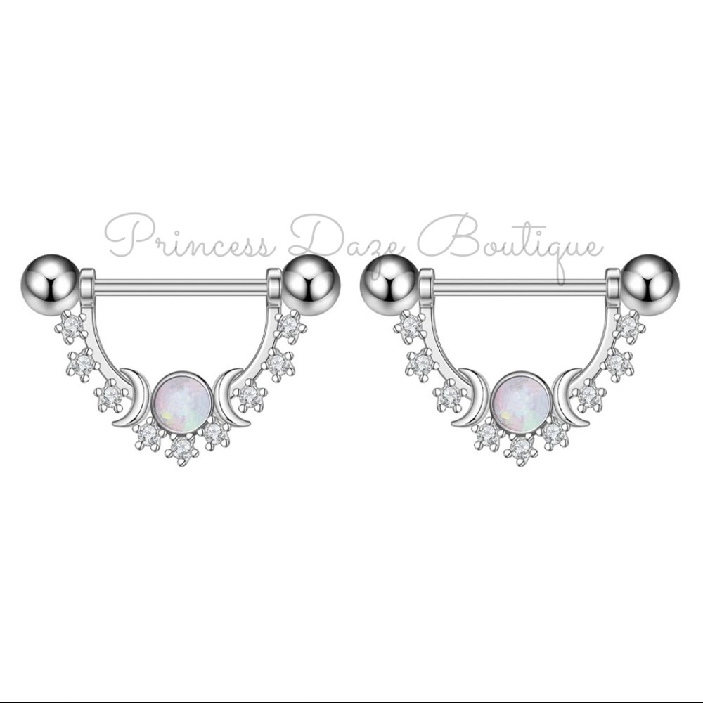 White Opal Moon Nipple Ring‎ Set